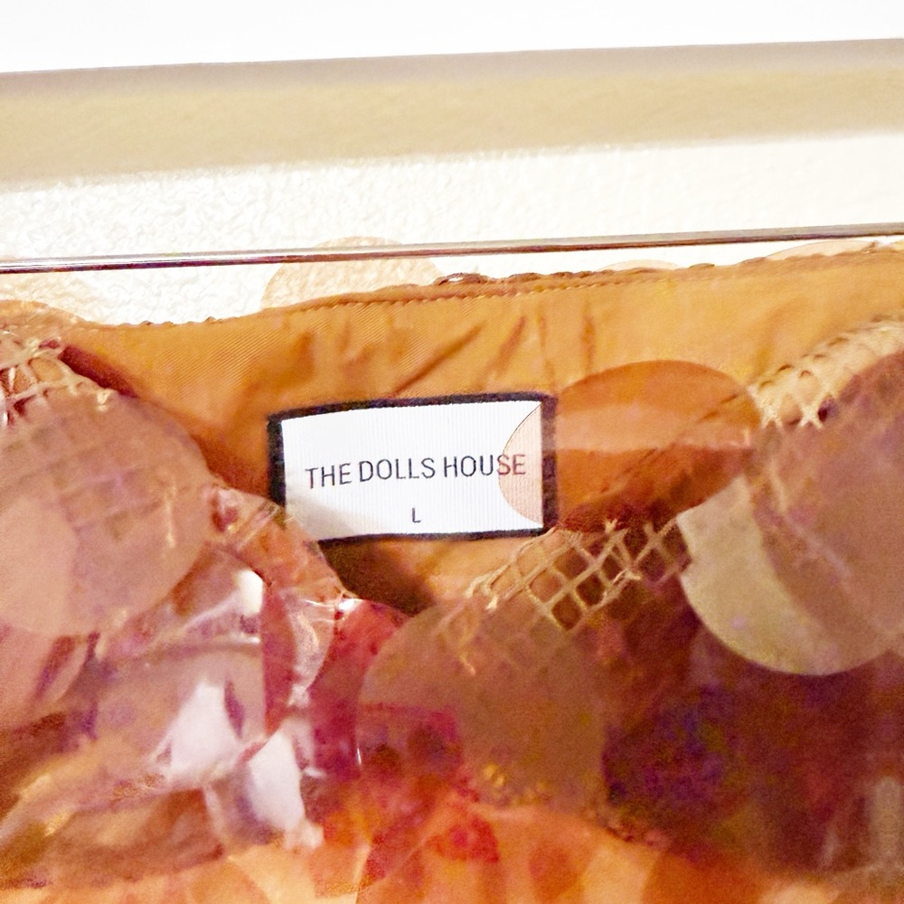 The Dolls House Gia Drape Mini Dress Set in Brown Copper Sequin size large $495 - Picture 9 of 14